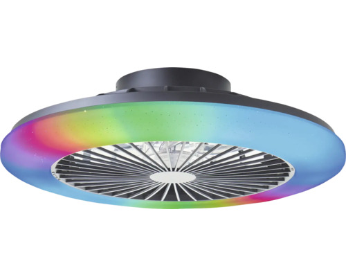 Ventilateur de plafond moderne avec anneau lumineux LED aux couleurs de l'arc-en-ciel et grille centrale devant les pales.