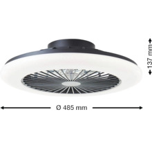 Ventilateur de plafond noir avec éclairage LED blanc, diamètre 485 millimètres, hauteur 137 millimètres.