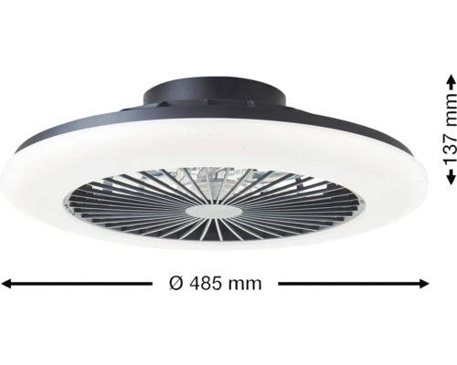 Ventilateur de plafond noir avec éclairage LED blanc, diamètre 485 millimètres, hauteur 137 millimètres.