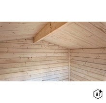 Vue intérieure d'un abri de jardin en bois avec planches murales et poutres de toit apparentes. (Image AI modified or generated)
