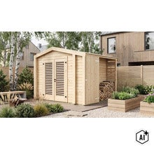 Abri de jardin en bois avec porte double et bûcher intégré dans un jardin entretenu avec terrasse en bois et bacs à plantes. (Image AI modified or generated)