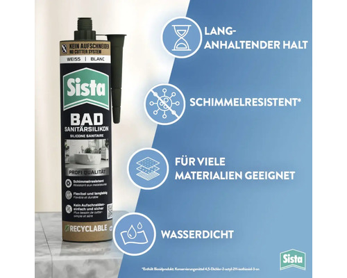 Sista Bad Silicone Sanitaire en cartouche, sans découpe, tenue longue durée, résistant aux moisissures, adapté à de nombreux matériaux, étanche.