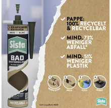 Silicone sanitaire Sista avec No-Cutter-System en emballage durable en carton 100 pour cent recyclé et instructions de recyclage.