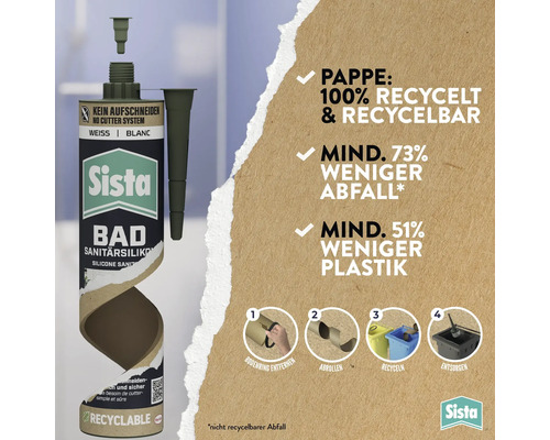 Silicone sanitaire Sista avec No-Cutter-System en emballage durable en carton 100 pour cent recyclé et instructions de recyclage.