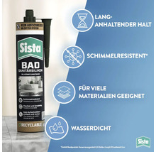 Silicone sanitaire Sista Bad avec symboles de durabilité, résistance aux moisissures, compatibilité matériaux et étanchéité, Logo Sista.
