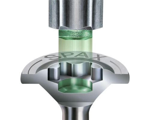Gros plan d une tête de vis SPAX avec un embout adapté illustrant la transmission de force et la précision de l ajustement.