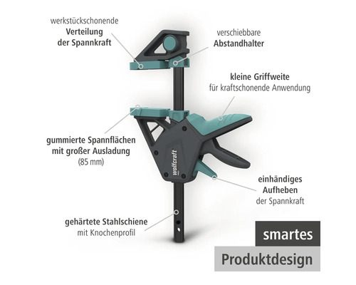 Wolfcraft Einhandzwinge PRO mit gummierter Spannfläche, 85 Millimeter Ausladung, gehärteter Stahlschiene und Einhandbedienung.