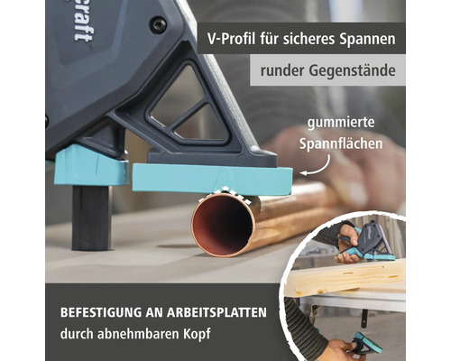 Wolfcraft Einhandzwinge mit V-Profil und gummierten Spannflächen zum Spannen von Rohren und Befestigung an Arbeitsplatten.
