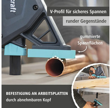 Wolfcraft Einhandzwinge mit V-Profil und gummierten Spannflächen zum Spannen von Rohren und Befestigung an Arbeitsplatten.