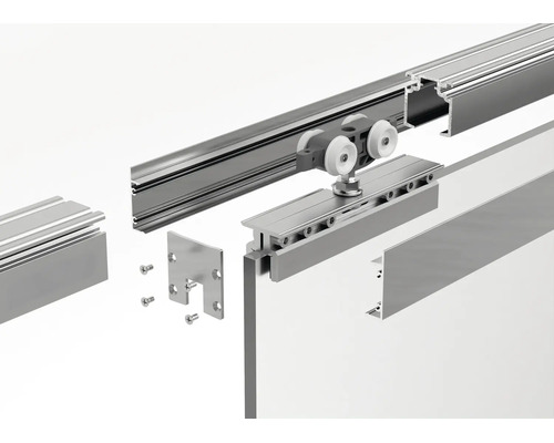 Vue éclatée d'un système de porte coulissante en aluminium avec rail de guidage, chariot à roulettes et éléments de fixation.