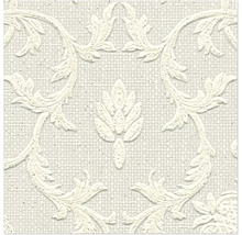 Papier peint intissé avec motif baroque texturé et ornements floraux sur fond tissé.