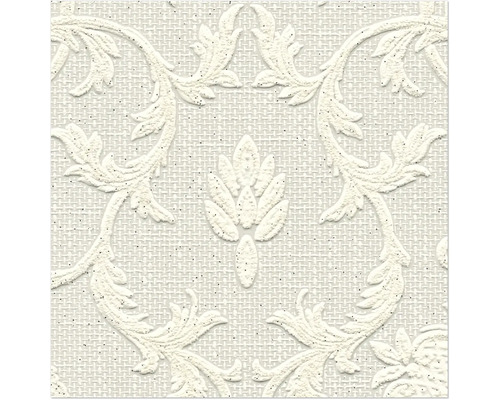 Papier peint intissé avec motif baroque texturé et ornements floraux sur fond tissé.
