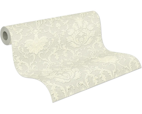 Papier peint intissé avec motif damassé baroque et surface texturée.