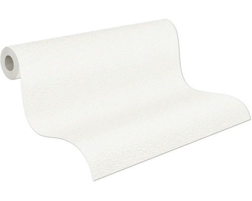 Papier peint intissé structuré blanc, rouleau partiellement déroulé avec une structure de surface fine.