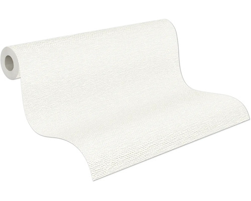Papier peint intissé structuré blanc, partiellement déroulé.