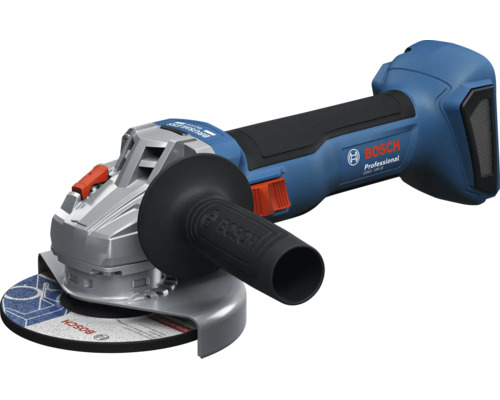 Meuleuse d'angle sans fil Bosch Professional GWS 18 Volt-8, sans balais, avec disque à meuler, poignée latérale et Bosch Professional Logo.