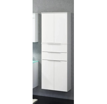 Armoire haute de salle de bains blanche avec quatre portes, dos tiroirs et poignées argentées.