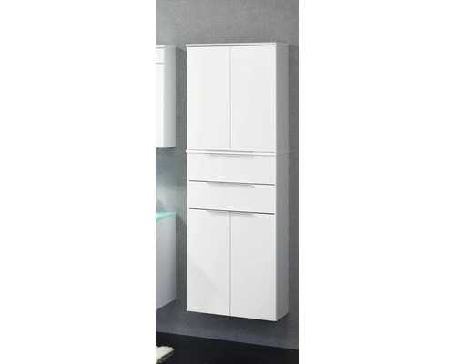 Armoire haute de salle de bains blanche avec quatre portes, dos tiroirs et poignées argentées.