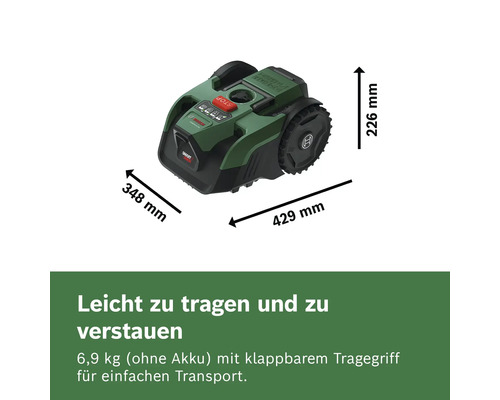 Bosch Mähroboter mit Maßen 429 mal 348 mal 226 Millimeter, Gewicht 6,9 Kilogramm ohne Akku und klappbarem Tragegriff. Bosch Logo.