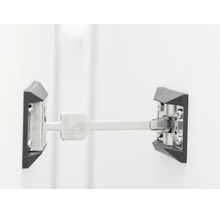 Entrebâilleur de fenêtre et de porte pour limiter l'angle d'ouverture, composé d'un bras de liaison blanc et de deux supports de montage.