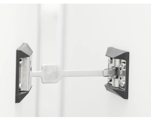 Entrebâilleur de fenêtre et de porte pour limiter l'angle d'ouverture, composé d'un bras de liaison blanc et de deux supports de montage.