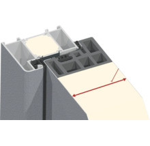 Querschnitt eines Fensterprofils mit Mehrkammersystem und Maßpfeil zur Darstellung der Bautiefe.