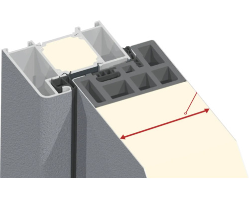 Querschnitt eines Fensterprofils mit Mehrkammersystem und Maßpfeil zur Darstellung der Bautiefe.