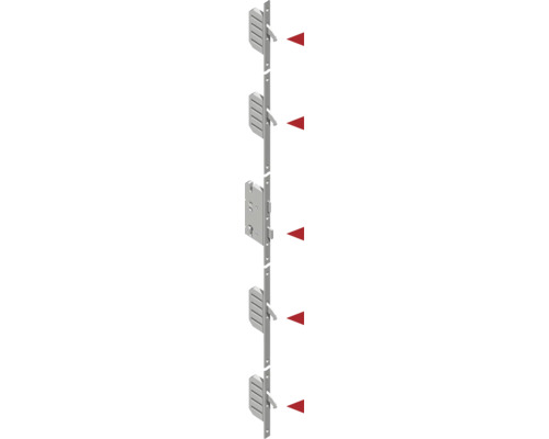 Serrure multipoints en métal pour portes avec crochets pivotants et boîtier de serrure central.