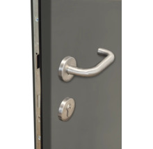 Garniture de poignée de porte en acier inoxydable avec rosace ronde et perforation pour cylindre profilé.