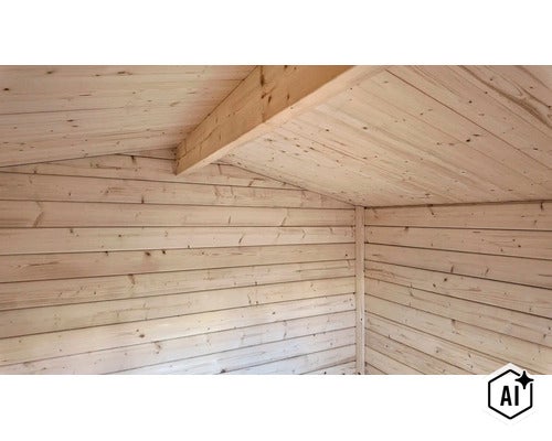 Vue intérieure d'une maison de jardin en profilés de bois brut avec poutre de toit apparente et revêtement mural. (Image AI modified or generated)