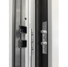 Vue détaillée d'un verrouillage multipoint pour portes avec pênes et gâche métallique.