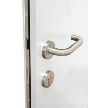 Poignée de porte en acier inoxydable avec rosace ronde et serrure à cylindre profilé sur une porte.