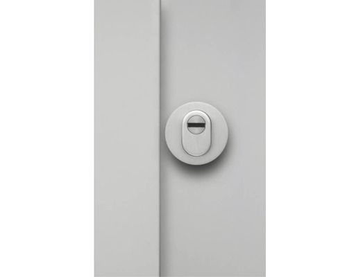 Rosace de sécurité ronde avec protection de cylindre en acier inoxydable sur une porte.