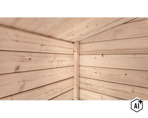 Coin de mur d une construction d abri de jardin en planches de bois profilées à l intérieur. (Image AI modified or generated)