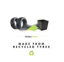 Illustration d'un bac à plantes fabriqué à partir de pneus recyclés, TierraVerde Logo et symbole de recyclage.