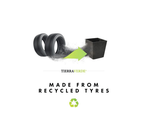Illustration d'un bac à plantes fabriqué à partir de pneus recyclés, TierraVerde Logo et symbole de recyclage.