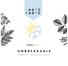 Logo TierraVerde. Symbole de résistance au gel et de résistance aux températures de moins 40 à plus 40 degrés Celsius. Produit incassable.