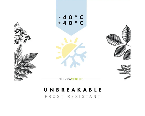 Logo TierraVerde. Symbole de résistance au gel et de résistance aux températures de moins 40 à plus 40 degrés Celsius. Produit incassable.