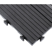Dalle de terrasse en WPC avec surface rainurée et système de clipsage.