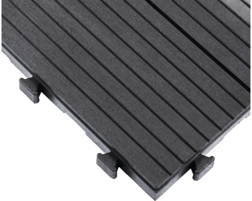 Dalle de terrasse en WPC avec surface rainurée et système de clipsage.