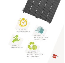 EASYtile Terrassenfliese aus recycelten Autoreifen. Einfache Montage, leicht zu reinigen und umweltfreundlich. EASYtile Logo.