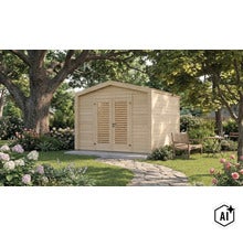 Abri de jardin en bois avec double porte et fenêtres à persiennes dans un jardin avec des arbres et des parterres de fleurs. (Image AI modified or generated)