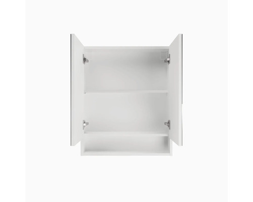 Geöffneter Badezimmer-Spiegelschrank mit zwei Türen, einem Einlegeboden und einem offenen Fach unten.