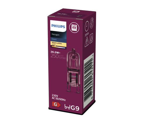 Philips Halogen-Backofenlampe G9, 26 Watt, 250 Lumen, warmweiß, hitzebeständig bis 300 Grad, 2000 Stunden Lebensdauer.
