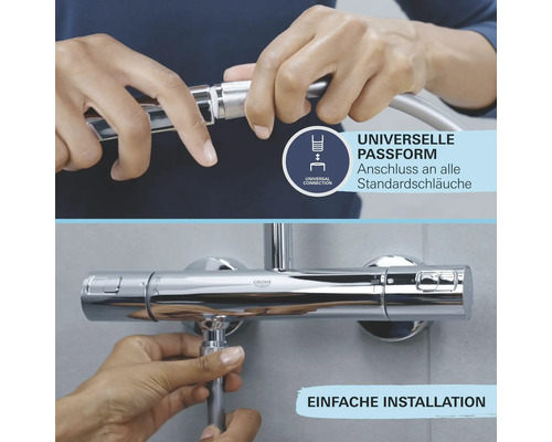 Universeller Anschluss eines Brauseschlauchs an eine Handbrause und einfache Montage an eine Duscharmatur mit Grohe Logo.