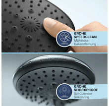 Grohe Handbrause mit SpeedClean für einfache Kalkentfernung und ShockProof Silikonring zum Schutz vor Beschädigungen.