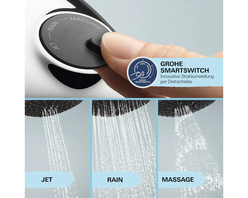 GROHE SmartSwitch Handbrause mit drei Strahlarten: Jet, Rain und Massage, einstellbar über die Drehscheibe auf der Rückseite.