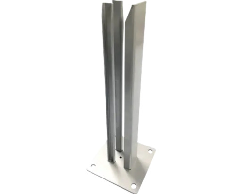 Support de poteau en métal avec une plaque de base carrée et des profilés verticaux pour le montage d'éléments de clôture ou de panneaux.