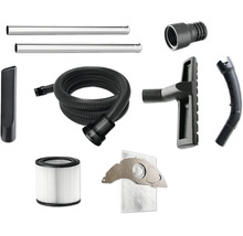 Staubsauger-Zubehörset inklusive Saugschlauch, zwei Saugrohren aus Metall, Bodendüse, Fugendüse, Rundfilter, Staubbeutel und Adaptern.