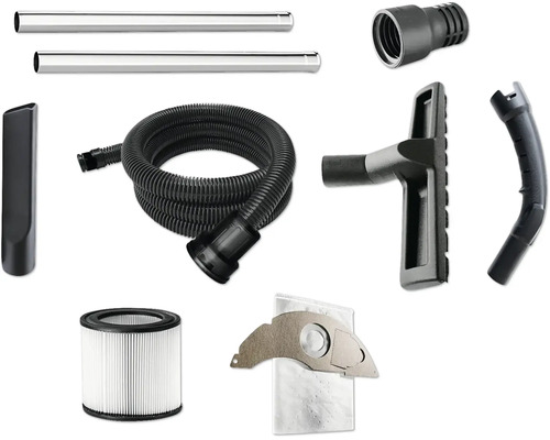 Staubsauger-Zubehörset inklusive Saugschlauch, zwei Saugrohren aus Metall, Bodendüse, Fugendüse, Rundfilter, Staubbeutel und Adaptern.